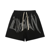 Mixed Emotion Black Shorts – White Rhinestone Art Letter Print