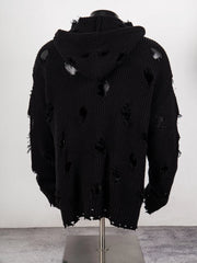 Thug Club Distressed Ripped Knit Zip Up Hooded Cardigan, Y2K Grunge Oversized Sweater Jacket