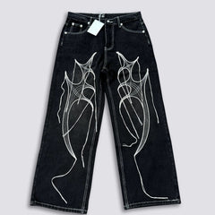 Thug Club Abstract Line Embroidery Black Wide Leg Jeans, Y2K Gothic Baggy Denim Pants