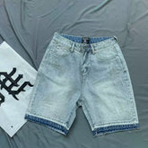 Mixed Emotion Washed Denim Shorts – White Rhinestone Print