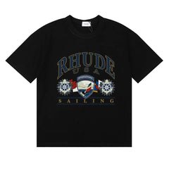 Rhude Arch Logo Sailing Wheel‑Flag Print Crew Neck Casual T‑Shirt