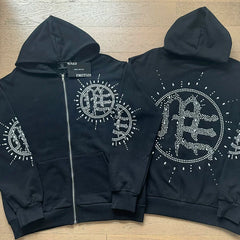 Mixed Emotion Rhinestone Sun Logo Zip‑Up Hoodie Tracksuit Set