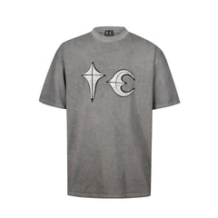 Thug Club Grey Washed Silver Leather Star Moon Logo Oversized T-Shirt, Unisex