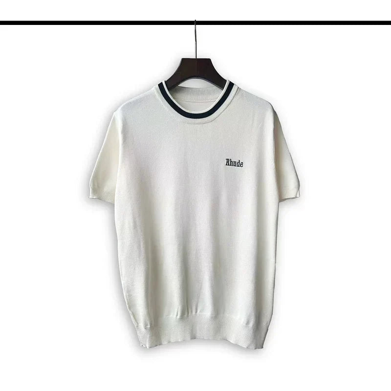 Rhude Men Chest Embroidered Logo Boxy Fit Knit Streetwear Top