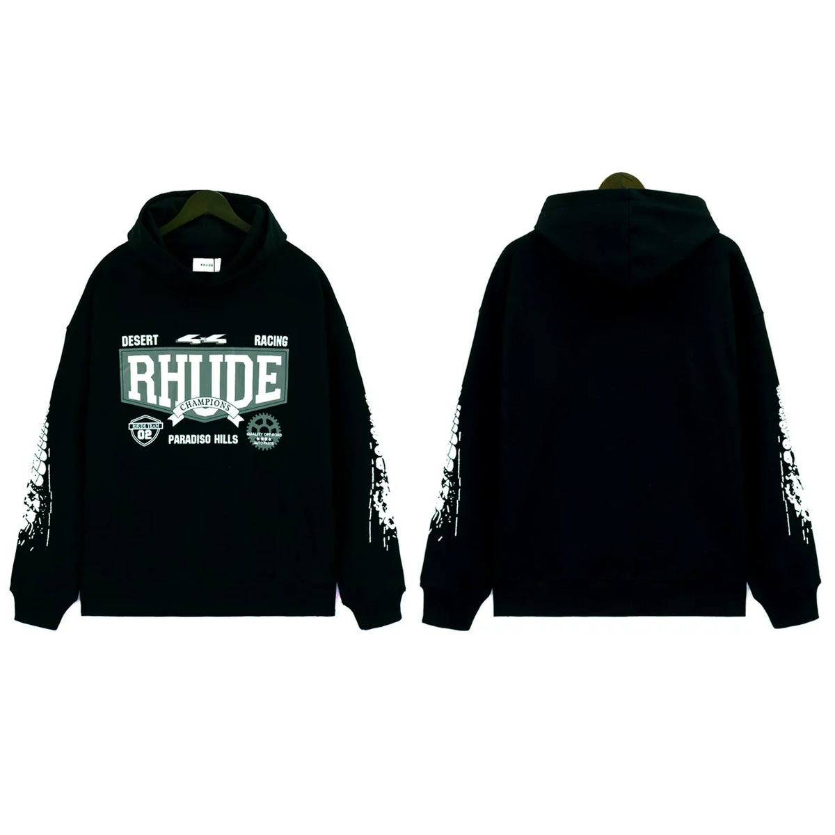 RHUDE Multi‑Badge Racing Sleeve Hoodie Black