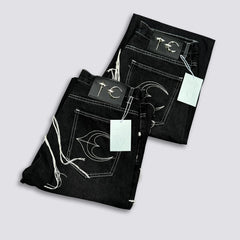 Thug Club Abstract Line Embroidery Black Wide Leg Jeans, Y2K Gothic Baggy Denim Pants
