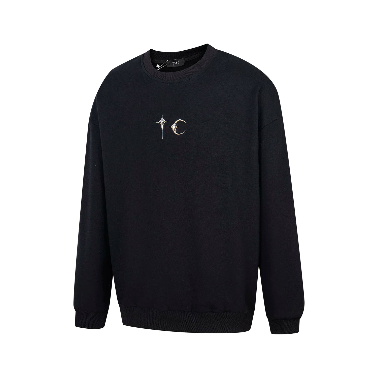 Thug Club Metal Star Moon Logo Crewneck Sweatshirt, Y2K Gothic Oversized Black Sweater