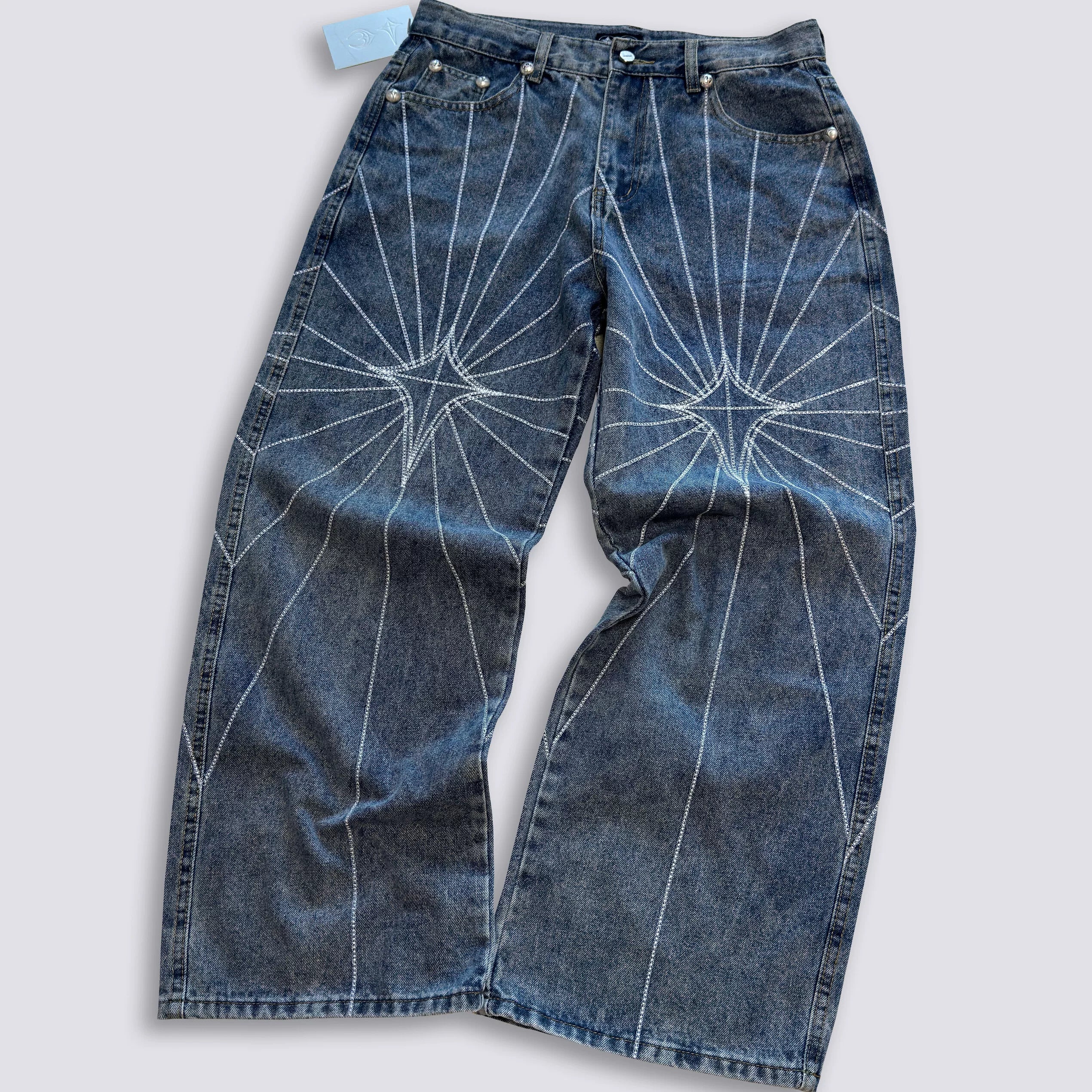 Thug Club Star Eye Radiating Line Embroidered Wide Leg Jeans, Y2K Gothic Baggy Denim Pants