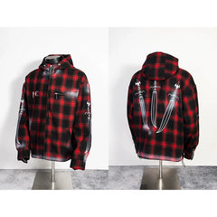 Thug Club Red Plaid Hooded Zip Jacket, Y2K Gothic Swords Print Wool Blend Oversized Coat