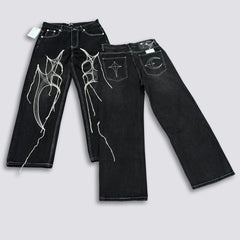 Thug Club Abstract Line Embroidery Black Wide Leg Jeans, Y2K Gothic Baggy Denim Pants