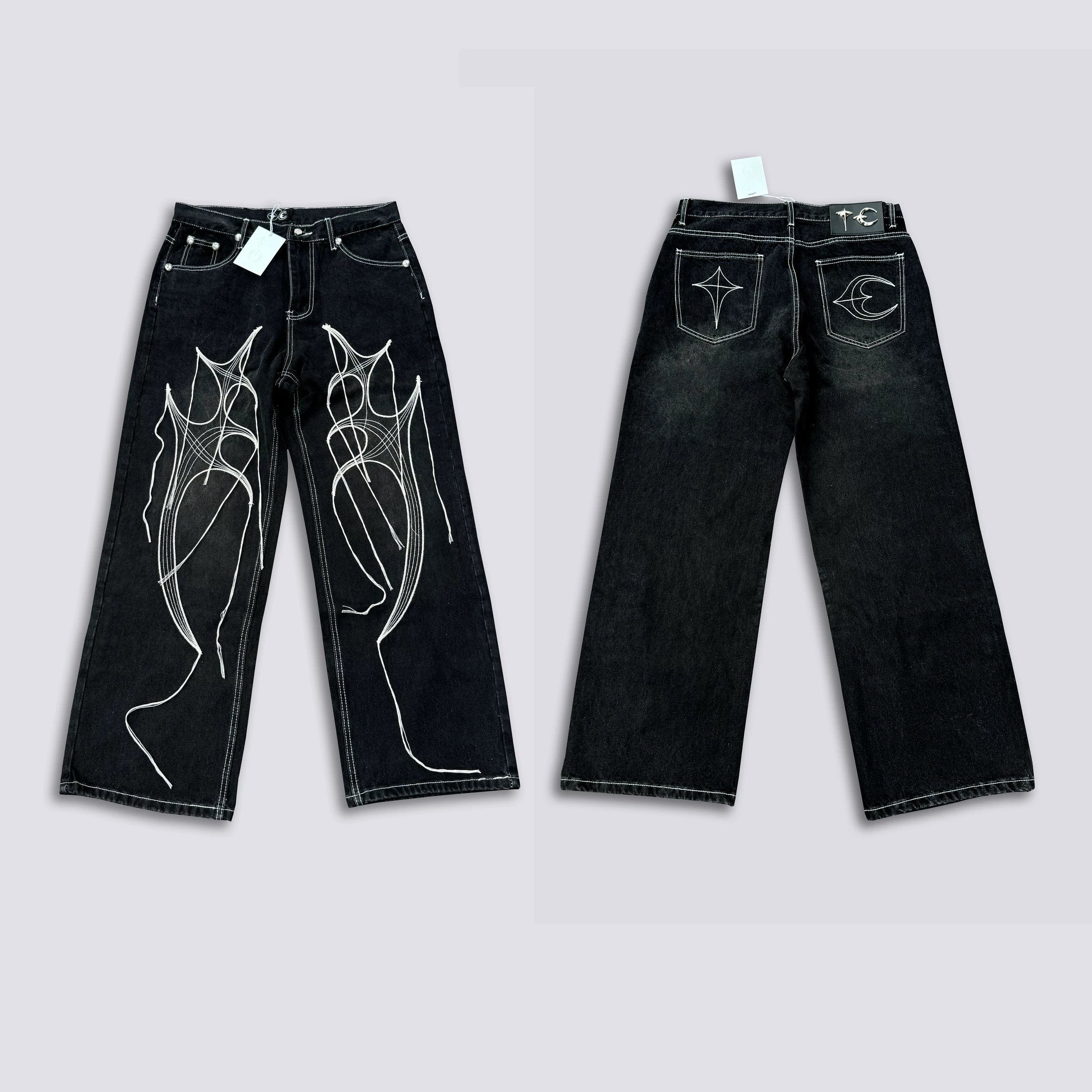 Thug Club Abstract Line Embroidery Black Wide Leg Jeans, Y2K Gothic Baggy Denim Pants
