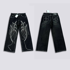 Thug Club Abstract Line Embroidery Black Wide Leg Jeans, Y2K Gothic Baggy Denim Pants