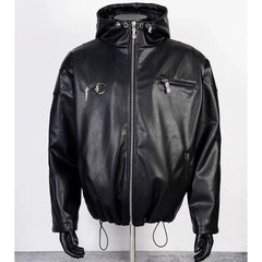 Thug Club Black Hooded Faux Leather Jacket Red Star Moon Logo, Unisex