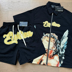 Mixed Emotion Cherub Angel Print Short‑Sleeve Zip Shirt & Shorts Set