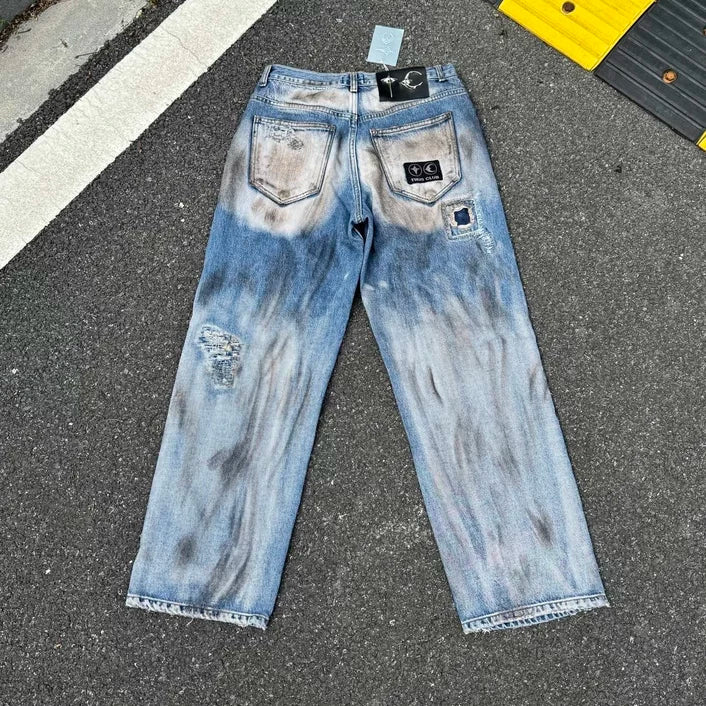 Thug Club Heavy Distressed Bleached Wide Leg Jeans, Y2K Ripped Baggy Denim Pants
