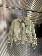 Thug Club Ruched Sleeve Cropped MA1 Bomber Jacket, Y2K Gothic Beige Nylon Flight Coat