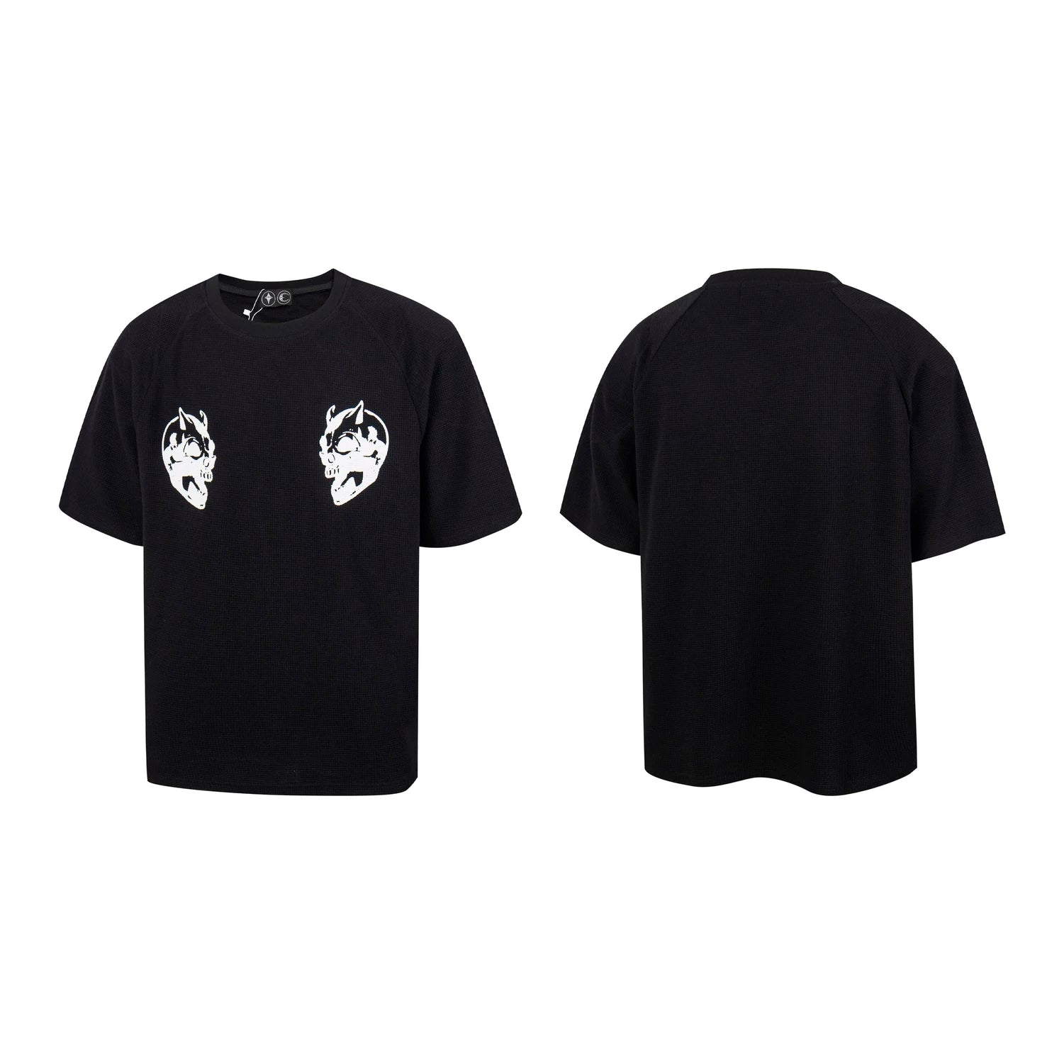 Thug Club Double Skull Print Waffle Knit Oversized T-shirt, Y2K Gothic Short Sleeve Tee