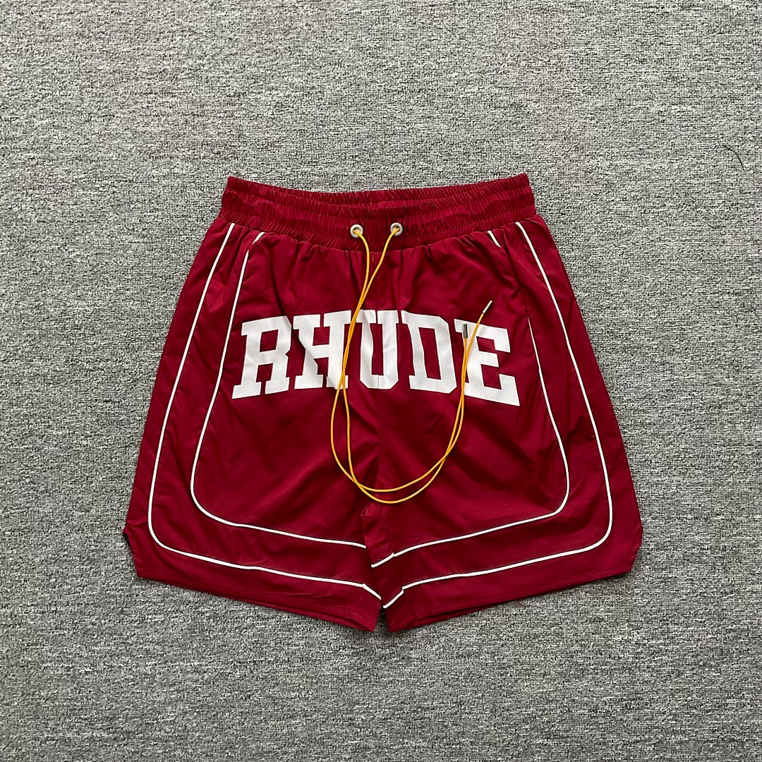 Rhude Red Varsity Stripe Nylon Shorts