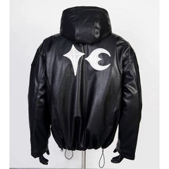 Thug Club Black Hooded Faux Leather Jacket White Star Moon Logo, Unisex
